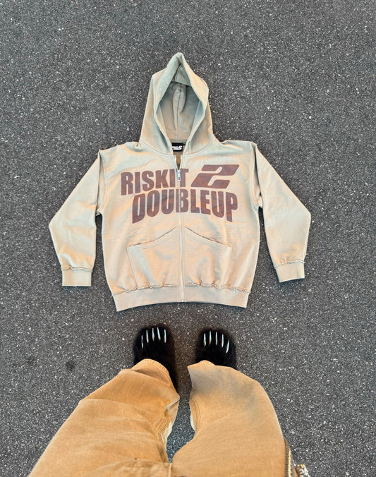RISKIT2DOUBLEUP TAN “distressed” ZIP UP HOODIE