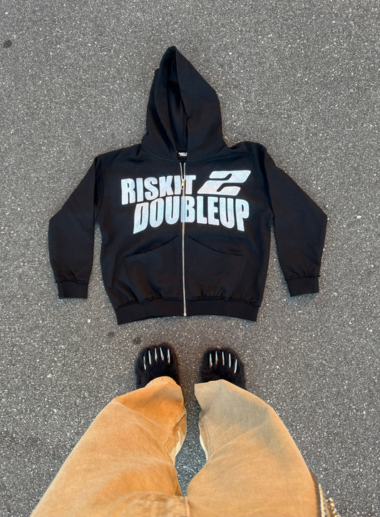 RISKIT2DOUBLEUP BLACK “distressed” ZIP UP HOODIE