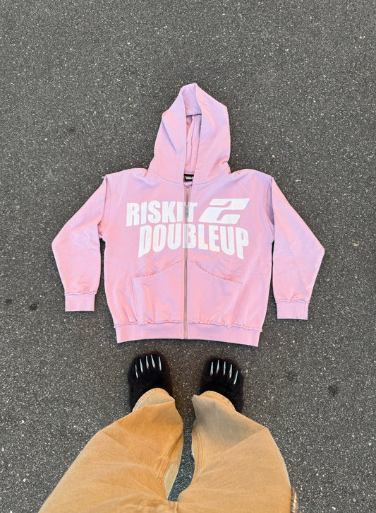 RISKIT2DOUBLE PINK “distressed” ZIP UP HOODIE